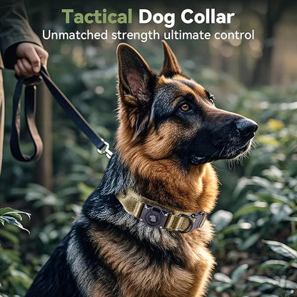 2026 Upgrade Waterproof AirTag Dog Collar, Military Tactical Dog Collar with AirTag Holder, Comfortable Control Handle and Metal Buckle, GPS Dog Collar Holder for Medium to Large Dogs (Khaki,L)
