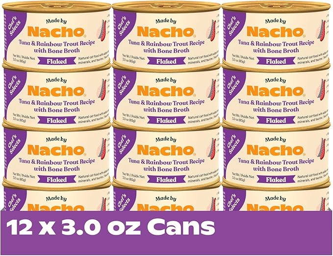Made by Nacho Flaked Filets Recipe in Bone Broth, Grain-Free Chef's Selects Wet Food for Cats Balanced Diet in Naturally Hydrating Pumpkin-Infused Broth (3.0 oz (Pack of 12), Tuna & Rainbow Trout)