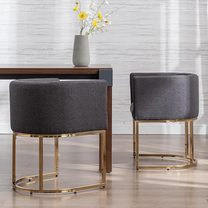Linen Fabric Dining Chairs Set of 4 Modern Barrel Arm Chairs with Black Frame, Upholstered Kitchen Chairs 18.5" Wide Accent Chairs for Living Room Dining Room Restaurant, Charcoal