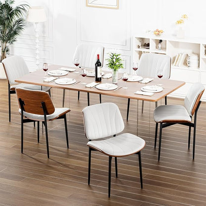 Dining Chairs Set of 6, Dining Room and Kitchen Chairs, FSC Certified Mid Century Modern Accent Chair, Upholstered PU Leather Chairs for Vanity with Walnut Bentwood and Metal Legs, White