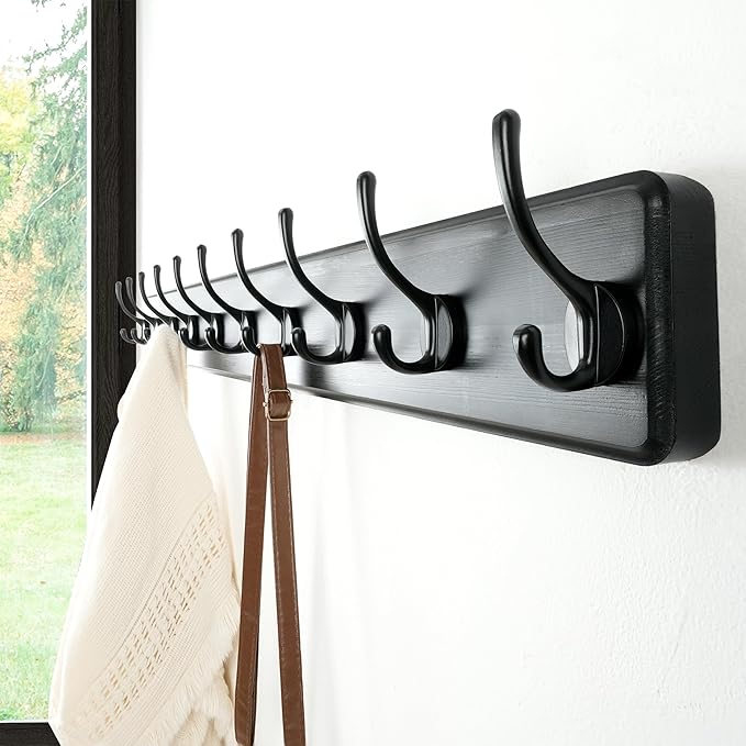 Dseap Coat Rack Wall: 38-1/4" Long, Patented, Heavy-Duty, 10-Double-Hooks Wooden Wall Mounted Coat Rack Coat Hanger Hook Rail for Winter Coats Hat Jacket Clothing, Black