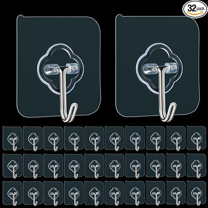 Adhesive Hooks, 32 Pack 33lb(Max) Sticky Hooks, Transparent Reusable Removable Adhesive Hooks for Hanging, Wall Hooks for Hanging Can be Use for Kitchen Bathroom Shower Outdoor Home Improvement