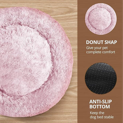 JOLLYVOGUE Calming Dog Bed Medium Size Dog, 31in Donut Washable Medium Pet Bed, Anti-Slip & Anti-Anxiety Fluffy Faux Fur Round Dogs Bed, Fits up to 45 lbs Pets (Smoke Pink)
