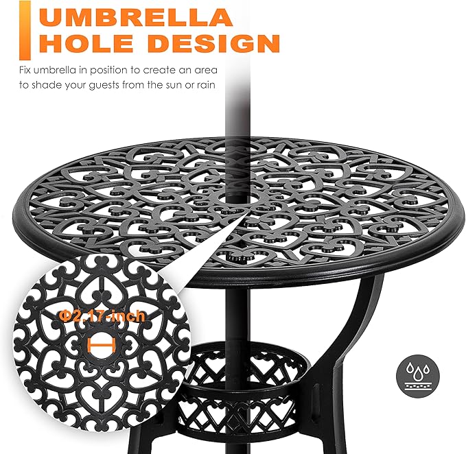 NUU GARDEN 3-Piece Outdoor Bistro Set, Round 24 Inch Cast Aluminum Bistro Table with 2.17" Umbrella Hole and 2 Cast Aluminum Bistro Chairs, for Patio, Garden, Backyard and Balcony, Black
