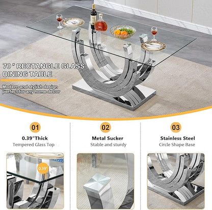 Goujxcy 70" Modern Glass Dining Table for 6-8, Luxury Silver Glass Dining Room Table with Mirrored Ring-Shape Stainless Steel Base, Rectangle Kitchen Dinner Tables for Dining Room Kitchen