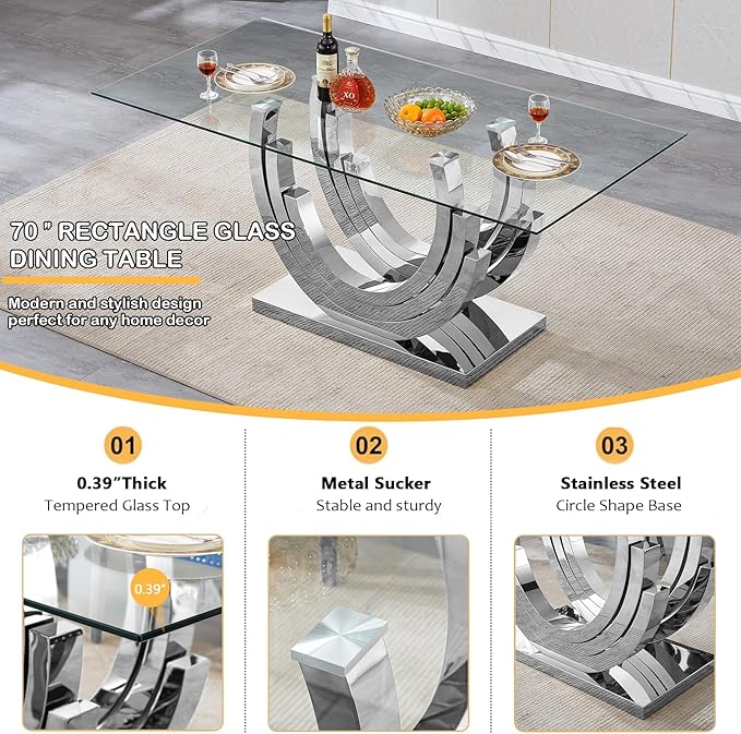 7 Piece Dining Table Set with 6 Blue Dining Chairs, Modern Glass Kitchen Table and Chairs Set for 6, 70" Rectangle Silver Glass Pedestal Dining Room Tables with Ring-Shape Stainless Steel Base