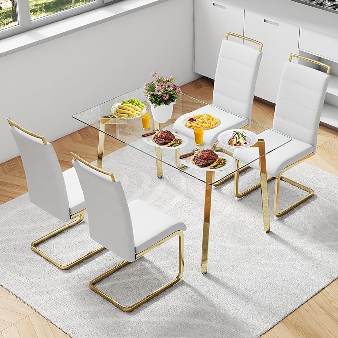 51" Glass Dining Table Set 4,Small Kitchen Room Dining Table Set 4 with Chairs,Tempered Glass Top with Gold Legs,Easy to Assemble,Dinette Breakfast Nook