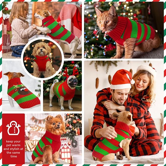 PETCARE Dog Christmas Sweater with Leash Hole Cute Striped Reindeer Dog Clothes for Small Medium Large Dogs Girl Boy Warm Fall Winter Knitted Pullover Vest Pet Puppy Cat Xmas Outfits