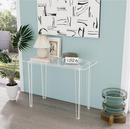 Acrylic Desk - Modern Study Table for Home Office, Extended Surface Multi-Purpose Console & Entryway Table, Sturdy Lightweight Design, Transparent Workstation for Small Spaces（Transparent-L）