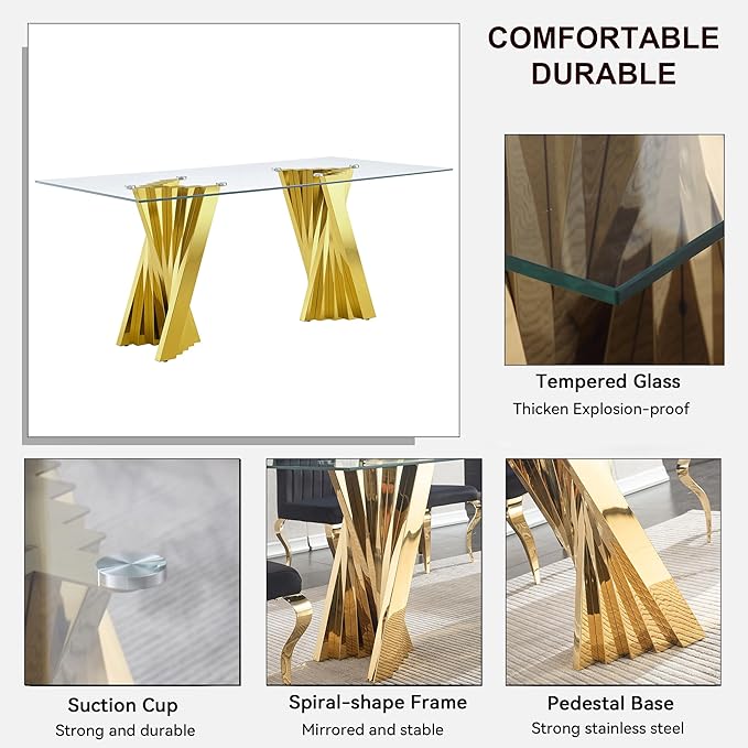 Goujxcy 70" Glass Dining Table Set for 6, Modern Gold Dining Table Set with 6 Green Velvet Upholstered Dining Chairs, 7 Piece Kitchen Dining Room Table Set with Stainless Steel Legs