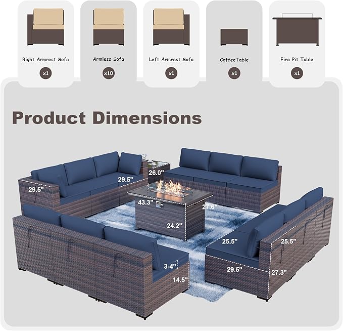 Kurapika 14 Pieces Patio Furniture Set, Rattan Wicker Outdoor Conversation Sets w/43in Propane Fire Pit Table and 4 Inch Cushion(Navy Blue)