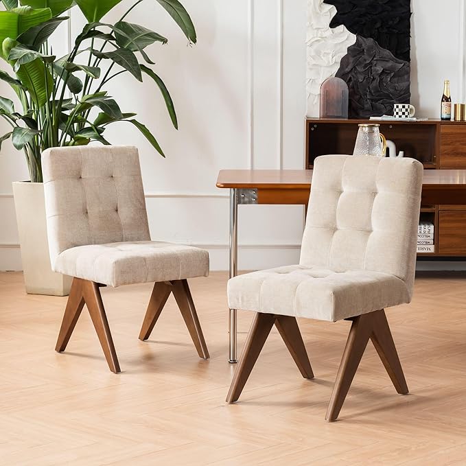 Rowill Modern Upholstered Dining Chairs Parsons Chair Linen Fabric Kitchen Chairs Tufted Armless Dining Room Chairs with Wood Legs Set of 6, Khaki