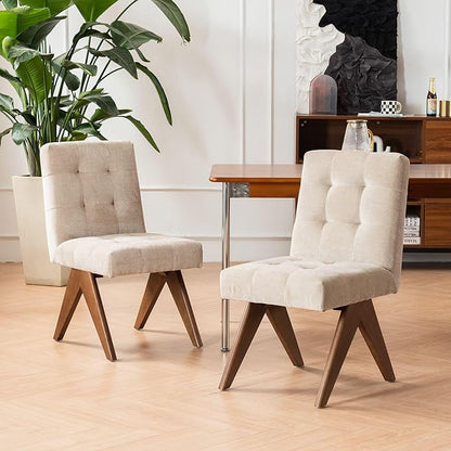 Rowill Modern Upholstered Dining Chairs Parsons Chair Linen Fabric Kitchen Chairs Tufted Armless Dining Room Chairs with Wood Legs Set of 2, Khaki