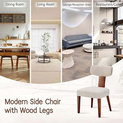 Dining Chairs Set of 4, Mid-Century Modern Upholstered Kitchen Chairs with Curved Backrest and Linen Fabric Seat, Wood Leg Accent Chairs for Dining Room, Living Room, Bedroom, Linen Beige