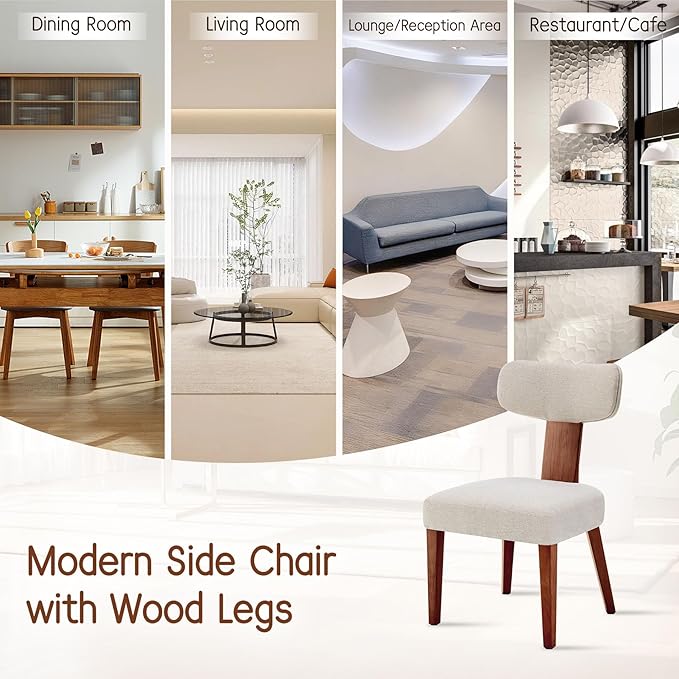 Dining Chairs Set of 3, Mid-Century Modern Upholstered Kitchen Chairs with Curved Backrest and Linen Fabric Seat, Wood Leg Accent Chairs for Dining Room, Living Room, Bedroom, Linen Beige