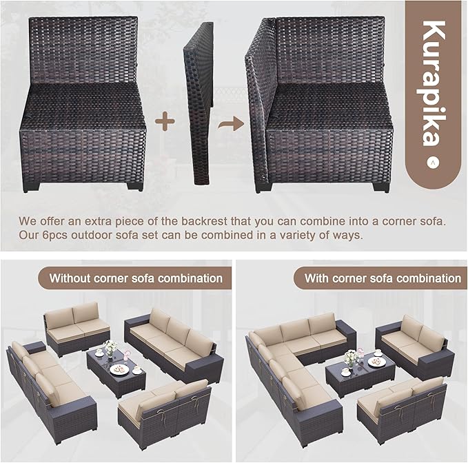 Kurapika 12 Pieces Patio Furniture Set, Rattan Wicker Outdoor Conversation Sets w/4 Inch Cushion and Glass Coffee Table(Sand)