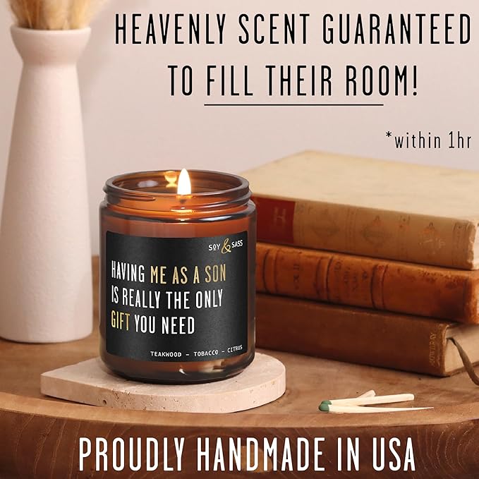 Mothers Day Gifts for Mom, Mom Gifts From Son - 'Having me as a Son' Soy Candle, w/Mahogany Teakwood I Mom Birthday Gifts from Son Ideas I 50Hr Burn, USA Made
