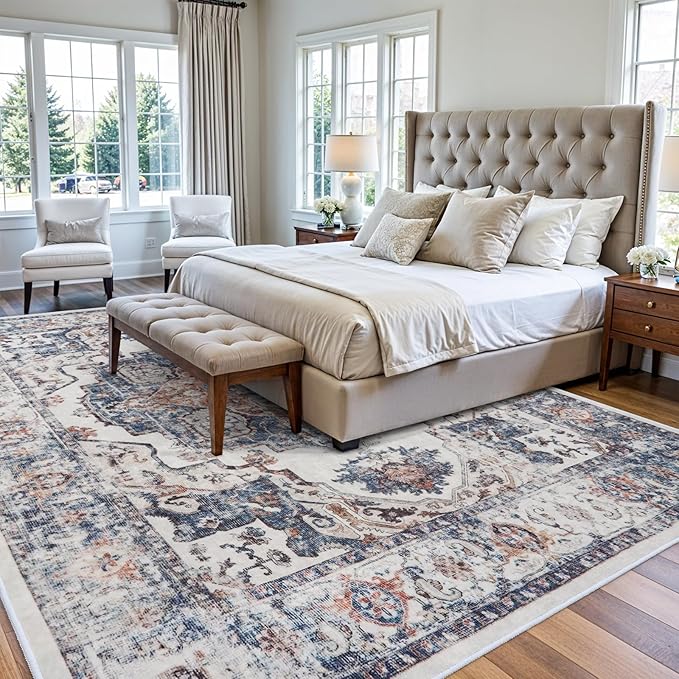 Washable Large 9x12 Area Rug: Living Room Oriental Non Slip Soft Rugs Indoor Low Pile Stain Resistant Carpet for Bedroom Dining Room Farmhouse Distressed Thin Home Decor Floor Mat (9x12 Brick)