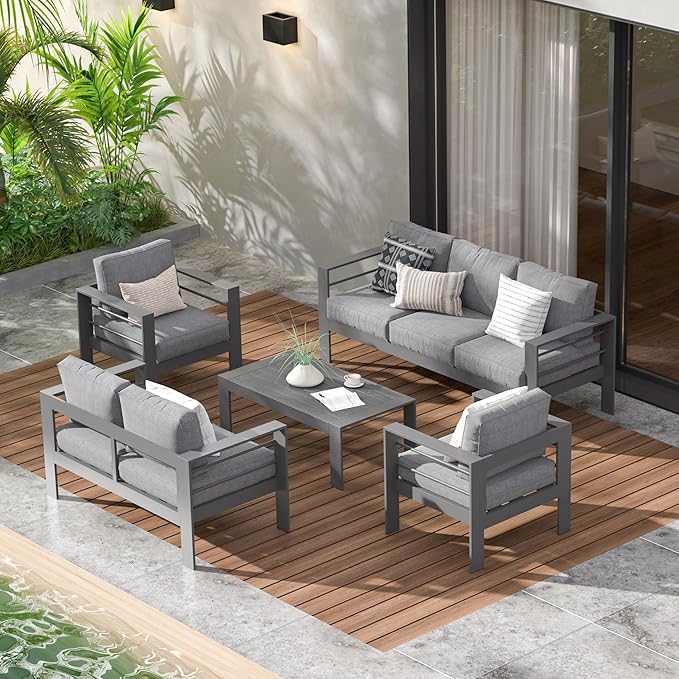 Wisteria Lane Aluminum Outdoor Patio Furniture Set,7 Seats Modern Patio Conversation Sets, Outdoor Sectional Metal Sofa with 5 Inch Cushion and Coffee Table for Balcony, Garden, Dark Grey