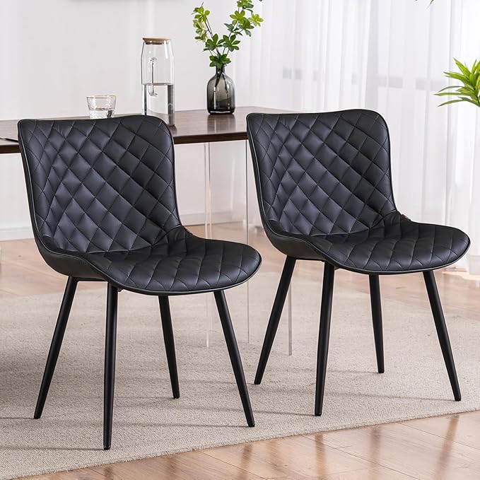 YOUTASTE Black Dining Chairs Set of 2, PU Leather Upholstered Mid-Century Modern Chair, with Thick Padded Back and Metal Legs, for Kitchen, Dining Room, Vanity, or Guest Waiting Room