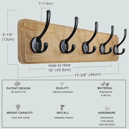 Dseap Wall Mounted Coat Rack: Patented, Heavy-Duty, 17.4" Long 5-Double-Hooks Wooden Hanger Rail for Winter Coats, Hat, Jacket, Clothing - Natural & Black, Pack of 2