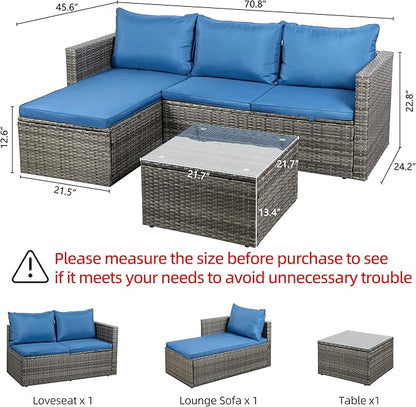 Shintenchi Outdoor Patio Furniture Sets, Small Outdoor Sofa Patio Sectional Sets 3-Piece All Weather Wicker Rattan Patio Seating Sofas with Glass Coffee Table and Cushion (Blue)