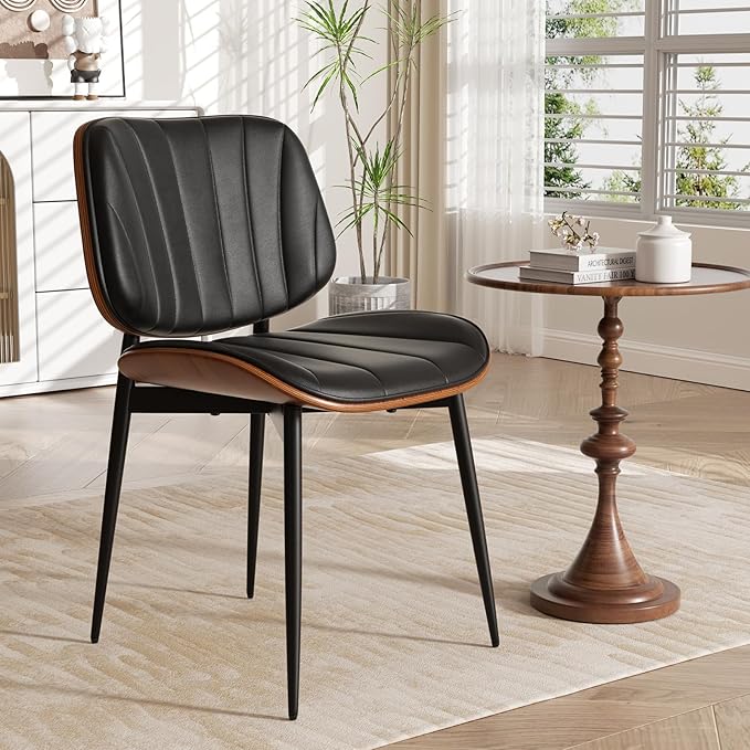 Dining Chair, Mid Century Modern Dining Room Chairs, Upholstered Faux Leather Kitchen Chairs with Walnut Bentwood Back and Metal Legs for Kitchen Dining Room Living Room, Black