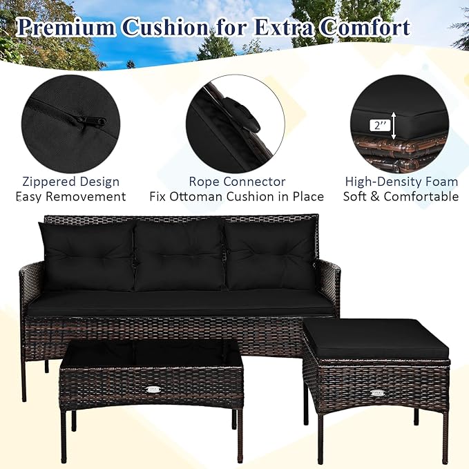 Tangkula 3 Pieces Patio Conversation Set, All Weather Outdoor PE Rattan Wicker Furniture Set with Padded Cushions, Tempered Glass Coffee Table, for Poolside, Backyard, Garden
