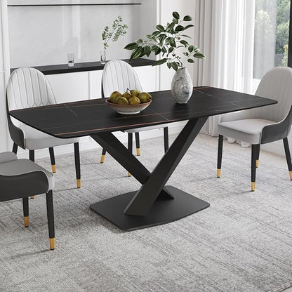 Modern Rectangle Marble Dining Table for 6,63" Black Marble Sintered Stone Top Dining Table,Rectangle Marble Dining Room Table with X-Shape Carbon Steel Pedestal for Kitchen/Living Room(Table Only)