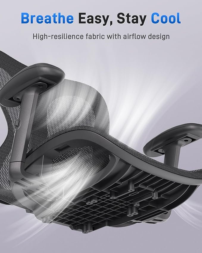 Ergonomic Office Desk Chair, Comfortable Computer Gaming Chair, Breathable Mesh Back & Seat, Adjustable Armrest & Headrest, Lumbar Support, Butterfly Design for Home Office (Black)