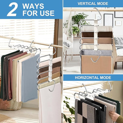 Upgrade 6 Layers Pants Hangers Space Saving, 2 Pack Non Slip Stainless Steel Multifunctional Pants Rack S-Type Pant Closet Hanger Organizer with Hooks for Pants Leggings Trousers, Antiquewhite