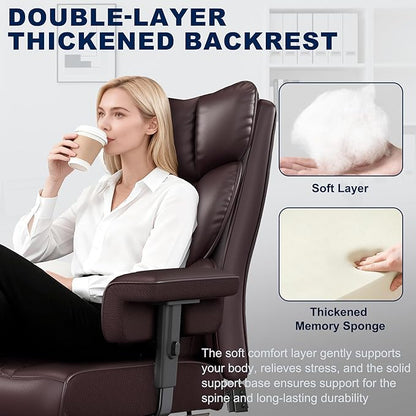 Misolant Big and Tall Office Chair with Footrest, High Back Executive Desk Chair with Adjustable Lift Armrest, 155°Recline，Lumbar Support Pillow, Faux Leather Gaming Chairs for Home or Office Brown