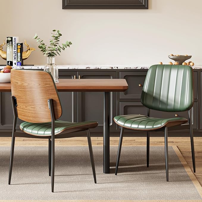 Modern Green Leather Dining Chair Set of 2, Bentwood Backrest & Black Metal Frame Ergonomic Comfort, Sustainable Style, Multi-Space Versatile, Green