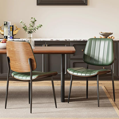 Modern Green Leather Dining Chair Set of 2, Bentwood Backrest & Black Metal Frame Ergonomic Comfort, Sustainable Style, Multi-Space Versatile, Green