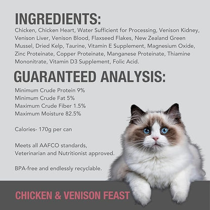 Feline Natural New Zealand Canned Catfood Wet Food, High-Meat, Low-Carb, & Grain Free Cat Food Wet, Chicken & Venison Feast, 6 oz, Pack of 12