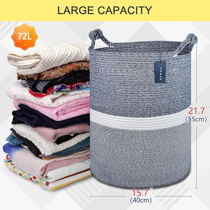 COMSE Extra Large Blanket Basket, Tall Woven Storage Basket, Nursery Hamper, 15.7”x 21.7”, Cotton Rope Laundry Hamper for Toys Clothes Towels, Blend Navy Blue/White