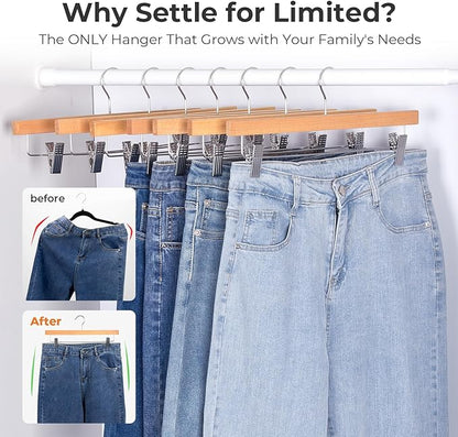 HOUSE DAY Wooden Pants Hangers with Clips, Solid Lotus Deluxe Wood Skirt Hangers, Heavy Duty & Anti-Rust Hook for Wrinkle-Free Slacks, Skirts, Jeans, Space Saving for Closet 10 Pack (Natural)