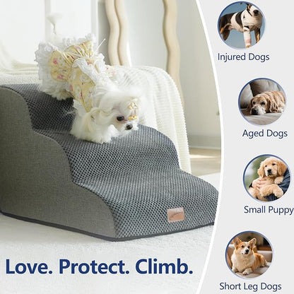 GoGoBunny Dog Stairs for Small Dogs, 3-Step Pet Steps for Couch Sofa, Grey | 15.7" H Pet Ramp, Non-Slip Waterproof Fabric Cover, Stable and Balanced Indoor Step, Pet Friendly
