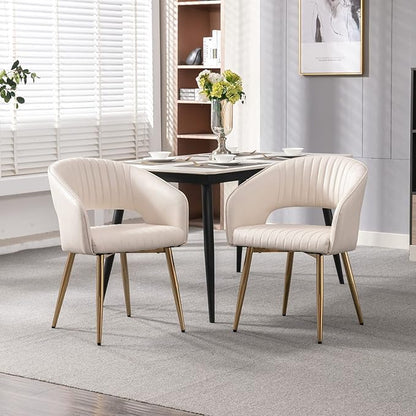 Modern Dining Chairs Set of 8, Upholstered PU Leather Gold Dining Room Chairs with Hollow Back, Accent Armrest Kitchen Chairs with Gold Legs for Living Room Cream