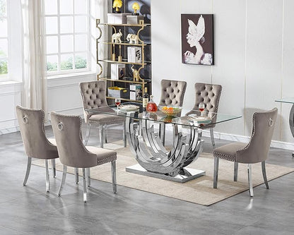 7 Piece Dining Table Set with 6 Grey Dining Chairs, Modern Glass Kitchen Table and Chairs Set for 6, 70" Rectangle Silver Glass Pedestal Dining Room Tables with Ring-Shape Stainless Steel Base