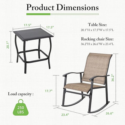 Shintenchi Rocking Chair Outdoor with Table, 3 Piece Rocking Patio Bistro Set, Outdoor Furniture Set with Metal Frame and Textilene Fabric for Small Space, Brown