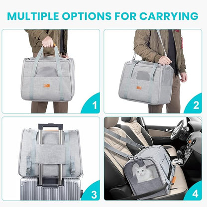 Morpilot Portable Cat Carrier - Soft Sided Cat Carrier for Medium Cats and Puppy up to 15lbs, Pet Carrier with Locking Safety Zippers, Foldable Bowl, Airline Approved Travel Dog Carrier - Light Gray
