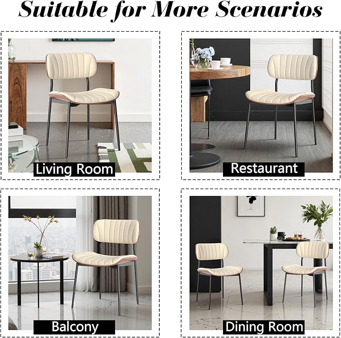 Modern PU Leather Dining Room Chairs Set of 2, Upholstered Kitchen Chairs with Curved Wood Backrest and Metal Legs Adjustable Feet for Kitchen Dining Room(Beige)