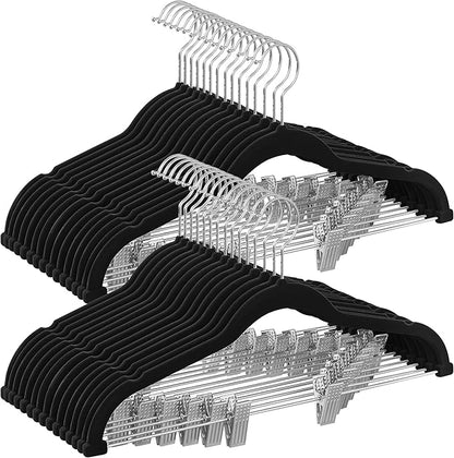 SONGMICS 30 Pack Pants Hangers, 16.7 Inches Long Velvet Trousers Hangers with Adjustable Clips, Heavy-Duty, Non-Slip, Space-Saving for Pants, Skirts, Coats, Dresses, Tank Tops, Black UCRF12B30