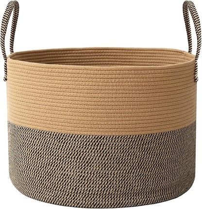 Woven Blanket Basket,65L Large Rope Storage Bin with Handles, Organizer for Blankets Toys Book and Clothes, Laundry Basket for Living Room Bedroom Nursery,Jute&Black