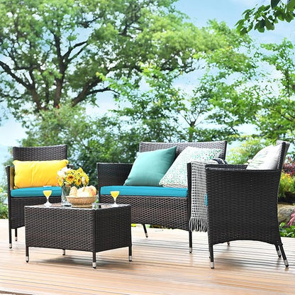Tangkula 4 Pieces Patio Rattan Conversation Set with Tempered Glass Coffee Table & Thick Cushion, Wicker Chair Set for Garden, Lawn, Poolside and Backyard