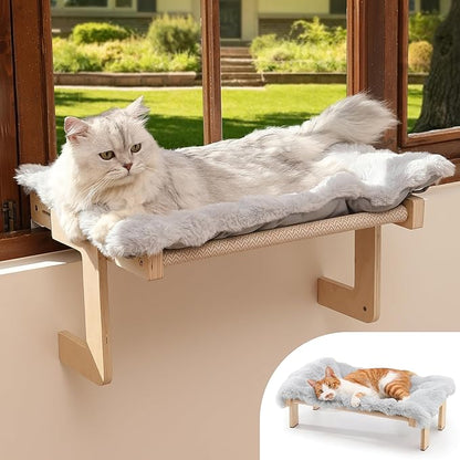 FUKUMARU Cat Window Perch, Transformable Cat Hammock with Fluffy Cushion for Windowsill and Floor, Cats Window Bed for Large Cats and Kittens, Reinforced Wood and Metal Frame, Easy to Adjust Pet Pech