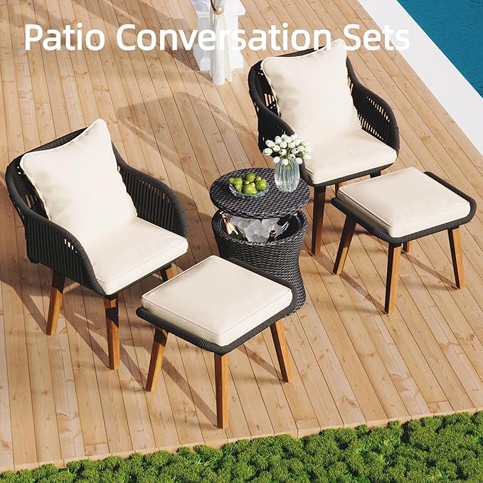 5-Piece Patio Conversation Sofa Set, Rope-Woven Furniture Set with Rattan Cool Coffee Table, Outdoor Furniture Setwith 2 Footstools for Garden, Backyard, Balcony, Black & Beige