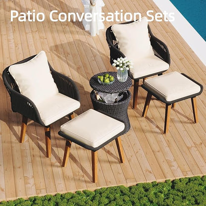 5-Piece Patio Conversation Sofa Set, Rope-Woven Furniture Set with Rattan Cool Coffee Table, Outdoor Furniture Setwith 2 Footstools for Garden, Backyard, Balcony, Black & Beige