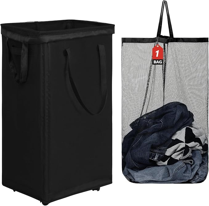 DOKEHOM 90L X-Large Laundry Basket with Removable Wash Bag on Wheels, Collapsible Rolling Laundry Hamper, Foldable Clothes Organizer, Folding Washing Bin (Black)